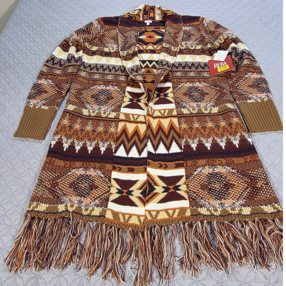 NEW Reba Womens Southwestern Fringe Longline Cardigan Sweater Brown Geometric M - Picture 4 of 10